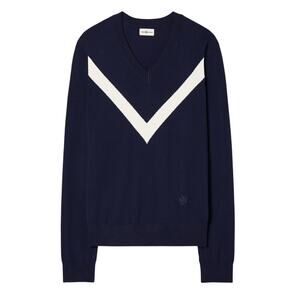 Tory Burch Merino Blue Chevron Sweater Size M